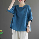 Retro Loose Cotton-Linen Round Neck Embroidery T Shirt