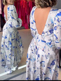 Silk Blue Printed Long Sleeve Dress