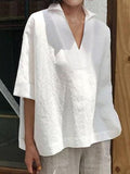 Short Sleeve V Neck Casual Loose Linen Shirt