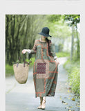 Long Sleeve Vintage Print Cotton Linen Long Dress