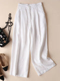 Solid Pockets Elastic Linen Casual Straight Pants