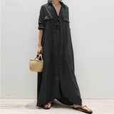 Vintage Solid Maxi Vestido Women Autumn Shirt Dress