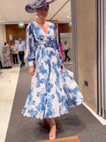 Blue V-neck Long Sleeve Floral Dress