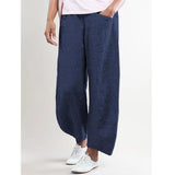 Women Elastic Waist Pockets Cotton Solid Linen Pants