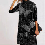 Cotton High Neck 3D Shiny Butterfly Flower Print Mid-Length Elegant Dress