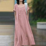 O Neck Short Sleeve Sundress Cotton Linen Collage Dresses