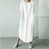 Women O Neck Short Sleeve Sundress Summer Solid Cotton Linen Dress