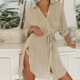 Cotton Linen Buttons Elegant Turn-down Collar Shirt Dress