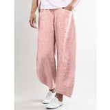 Women Elastic Waist Pockets Cotton Solid Linen Pants