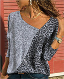 Color Block Leopard V-Neck Long Sleeves Casual Blouses