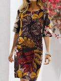 Floral ground round neck half-sleeve retro dress