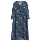 Long Sleeve Autumn Dress Soft Cotton Linen Print