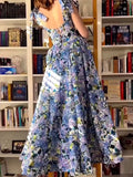 Elegant Blue Floral Print Sleeveless Dress