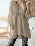 Pure color V-neck high and low hem casual shirt dress