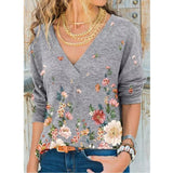 V-neck Flower Print Long-sleeved Casual Loose T-shirt Plus Size