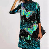 Cotton High Neck 3D Shiny Butterfly Flower Print Mid-Length Elegant Dress