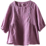 Retro Loose Cotton-Linen Round Neck Embroidery T Shirt