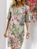 Floral ground round neck half-sleeve retro dress