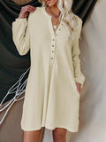 Cotton-Blend Solid Color V-Neck Long-sleeved Button Casual Dress