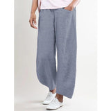 Women Elastic Waist Pockets Cotton Solid Linen Pants