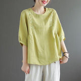 Retro Loose Cotton-Linen Round Neck Embroidery T Shirt