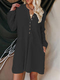 Cotton-Blend Solid Color V-Neck Long-sleeved Button Casual Dress