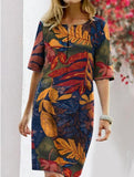 Floral ground round neck half-sleeve retro dress