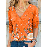 V-neck Flower Print Long-sleeved Casual Loose T-shirt Plus Size