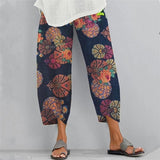 Floral Printed Elastic Waist Wide Leg print Cotton-Linen Pants