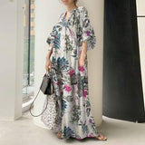 Vintage Floral Printed Maxi Long Dress Women Autumn Sundress