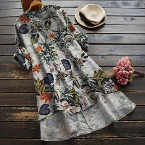 Plus Size Clothing Fashion Casual Loose Linen Printed Buttons