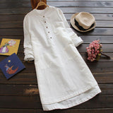 Loose stand-up collar long-sleeved solid color cotton and linen shirt dress