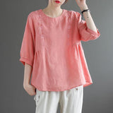 Retro Loose Cotton-Linen Round Neck Embroidery T Shirt