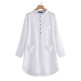 Loose stand-up collar long-sleeved solid color cotton and linen shirt dress