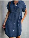 Pockets Single-breasted Irregular Hem Knee-length Denim Dress