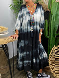 Silk Tie-Dye Print Lantern Sleeve Loose Maxi Dress