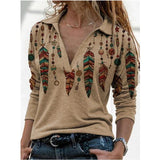 V-neck Printed Long Sleeve Casual Plus Size Soft Top
