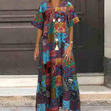 Women's Summer Sundress Kaftan Printed Maxi Dress Casual Short Sleeve