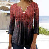 Women's Red V-neck Long Sleeve Floral Printed Tops