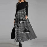 Cotton-Blend Long Sleeve O-Neck Chic Printing Dress