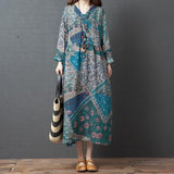 Long Sleeve Autumn Dress Soft Cotton Linen Print