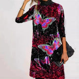 Cotton High Neck 3D Shiny Butterfly Flower Print Mid-Length Elegant Dress