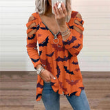 Halloween T-Shirt Pumpkin Floral Printed V-Neck Long-Sleeved Top