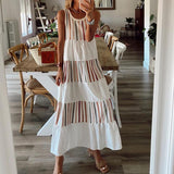 O-Neck Striped Print Loose A-line Elegant Maxi Dresss