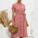 Polka Dot Midi Dress Female Short Sleeve O-neck Button