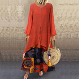 Women Long Sleeve Cotton-Linen Fake 2 Piece Patchwork Split Maxi Dress