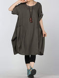 Plus size summer new round neck cotton and linen washed lantern dress