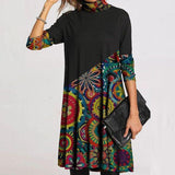 Printing Pile Neck Long Sleeve Dress