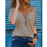 Women's Printed V Neck Zipper Casual Loose Short Sleeve Top Summer Fashion Sexy Plus Size