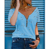 Women's Printed V Neck Zipper Casual Loose Short Sleeve Top Summer Fashion Sexy Plus Size